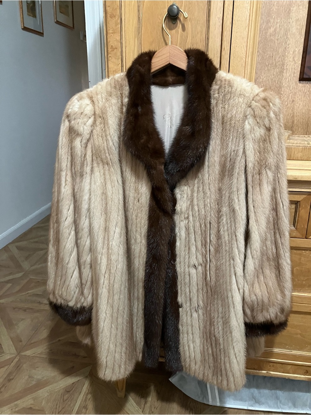 Women's Two-Tone Fur Jacket in Cream with Dark Brown Trim